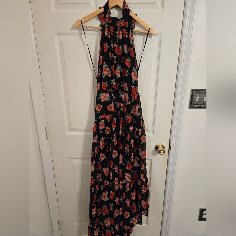 Lulu's Black Floral Backless Halter Maxi Dress